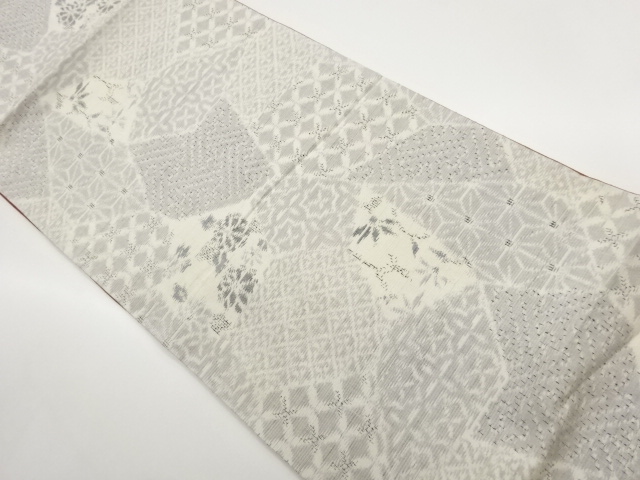 手織り紬切り嵌め風菊に古典柄模様織出し全通洒落袋帯